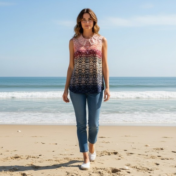 CAbi Tops - Cabi Sleeveless Collared Top Womens Medium Cheetah Print Ombre Button Up - B6